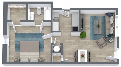 a floor plan of a one bedroom apartment with two bathrooms and a balcony at The Courts Midtown, Memphis, TN, 38104